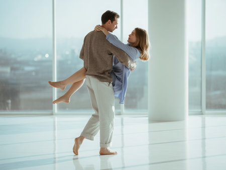 A man is carrying a woman in his arms in a bright, spacious room. The man is wearing a brown sweater and white pants, and the woman is wearing a blue shirt.の素材