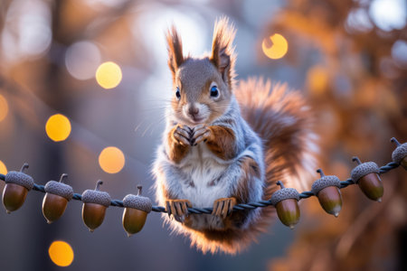A close-up, highly detailed AI-generated image captures a cute squirrel perched on a wire, enjoying nuts. The background features soft, blurred bokeh lights, evoking a warm autumn atmosphere.の素材