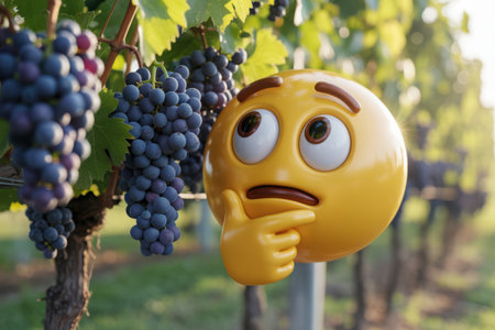 A yellow emoji with a thoughtful expression is pictured next to lush clusters of dark grapes on a vine, suggesting contemplation about nature or harvest.の素材