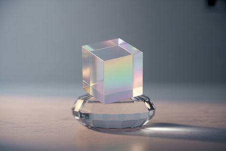 A detailed, realistic image of a glass prism, capturing the moment light is dispersed into a vibrant spectrum of colors, ideal for educational or scientific visual representation.の素材