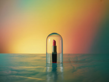 A striking AI-generated image showcases a solitary red lipstick, elegantly positioned against a vibrant, abstract gradient and a shimmering reflective surface, creating a surreal artistic composition.の素材