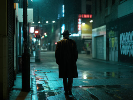 A man walks alone on a wet city street at night. Neon lights illuminate the scene, casting reflections on the pavement. The atmosphere is dark and mysterious.の素材