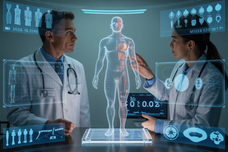 Medical professionals collaborate, examining a detailed holographic projection of human anatomy. Advanced technology enhances diagnostic capabilities and patient care in a futuristic healthcare environment.の素材