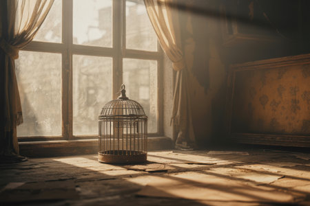 An empty antique birdcage sits on a windowsill, illuminated by warm, dappled sunlight filtering through sheer curtains. The scene evokes a sense of quiet nostalgia and peaceful solitude.の素材