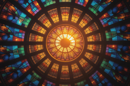 A breathtaking, highly detailed AI-generated image captures a magnificent stained glass rose window. Vibrant colors and intricate patterns radiate outward, illuminated by a warm, golden light.の素材