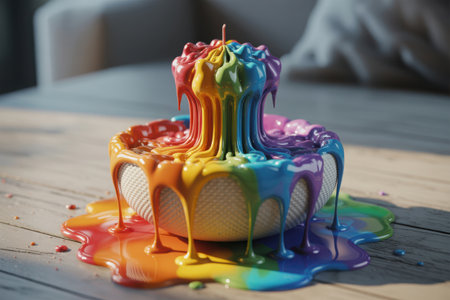 A highly detailed AI-generated image showcasing a melting candle with vibrant rainbow-colored wax drips. The abstract art captures fluid motion and a sense of celebration.の素材