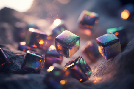 A visually striking composition featuring abstract 3D cubes with shimmering, iridescent surfaces. Soft, out-of-focus bokeh lights create a dreamy and ethereal atmosphere, ideal for modern digital art.の素材