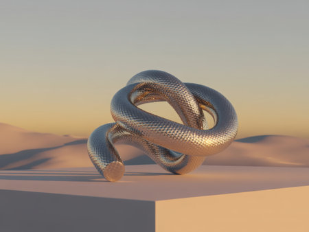An abstract metal sculpture rests on a platform in a desert landscape. The sunset casts a warm glow on the scene, highlighting the sculpture's smooth, shiny surface.の素材