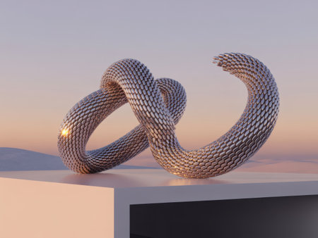 Two metallic rings, intricately intertwined, rest on a white surface. The backdrop is a soft sunset sky, creating a striking contrast and highlighting the rings' texture.の素材