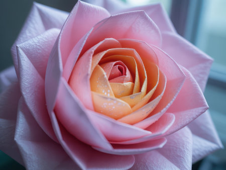 Discover the delicate beauty of this stunning rose, captured in a captivating macro photograph. Soft petals in shades of pink and orange swirl inward creating a mesmerizing floral.の素材