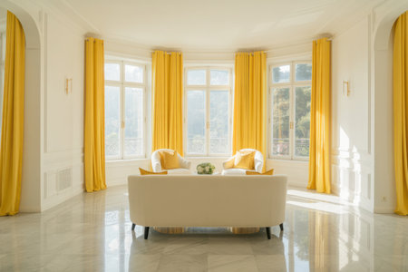 A spacious and luxurious living room flooded with soft, natural light. Features elegant furniture, large windows draped with vibrant yellow curtains, creating a warm and inviting atmosphere.の素材