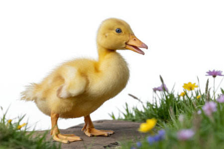 A charming little yellow duckling stands alertly amidst lush green grass and delicate wildflowers. Its fluffy down and curious gaze capture the essence of springtime joy and new beginnings.の素材