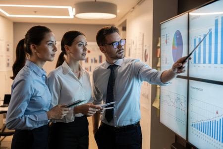 Three professionals including two women and a man intently study complex financial data presented on a large, multi-panel digital display in a modern office environment, suggesting teamwork and analysis.の素材