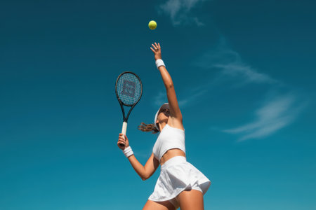 A female tennis player in a crisp white outfit is captured in mid-serve, racket raised high against a vibrant blue sky. The action shot highlights her athletic grace and focus on the court.の素材