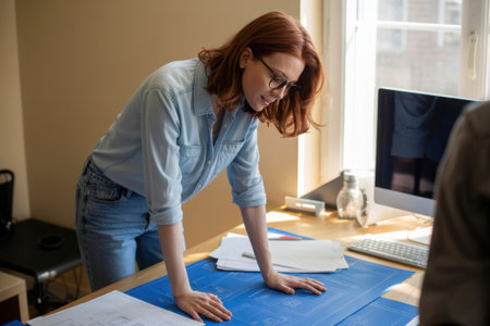A young woman with auburn hair and glasses leans over a table, intently studying blueprints. Natural light illuminates her focused expression, suggesting a moment of deep concentration in her work.の素材