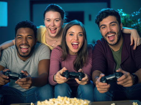 A group of four friends are playing video games together on a couch, with popcorn in front of them. They are all smiling and appear to be having a lot of fun together.の素材