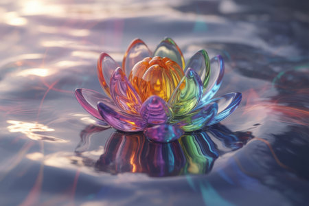 A stunningly detailed AI-generated image of a crystal lotus flower radiating rainbow colors. Its intricate petals emerge from a mystical, misty water surface, creating a serene and magical atmosphere.の素材