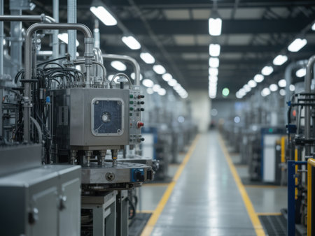 A view of industrial machinery inside a factory, highlighting a long corridor illuminated by bright lights. The image captures the essence of modern manufacturing.の素材