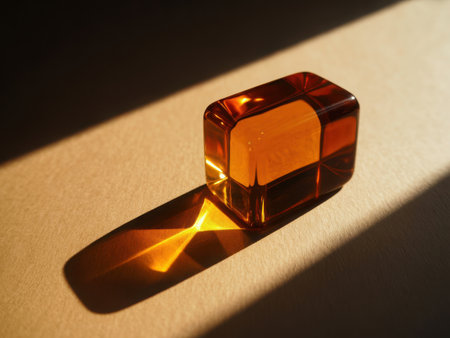 A translucent amber cube sits on a surface, illuminated by warm sunlight creating a dramatic shadow.の素材