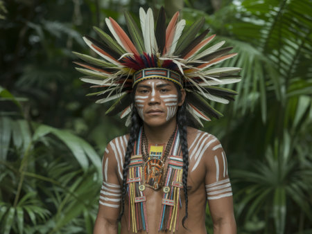 A striking portrait of an indigenous man adorned with a vibrant feather headdress and traditional body paint, standing amidst the lush greenery of the rainforest.の素材