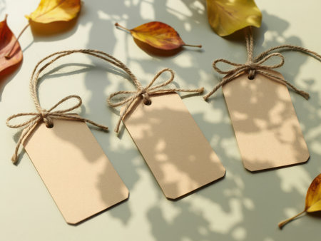 A top-down view of three blank kraft paper gift tags. Each tag is tied with natural twine and artfully arranged with dried autumn leaves and apple slices, creating a rustic seasonal scene.の素材