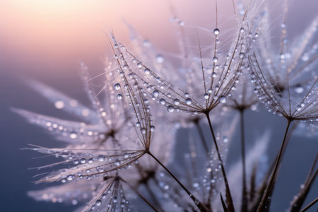 Macro view of a fluffy dandelion seed head covered in tiny, glistening water droplets, illuminated by a gentle sunrise glow.の素材