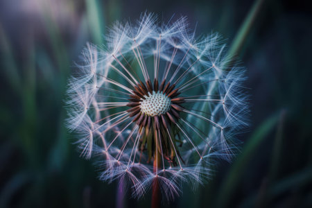 A macro shot of a fluffy dandelion seed head, its delicate structures illuminated by soft light against a dark, blurred natural backdrop.の素材