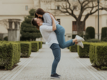 A man is lifting a woman in a park with trees and a building in the background. They are a couple in love and hugging. They are enjoying their time together outdoor.の素材