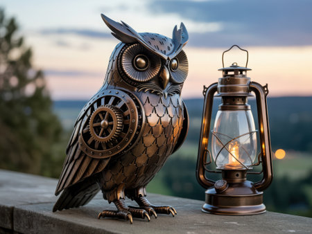 A detailed steampunk owl statue stands beside a lit kerosene lantern on a weathered wooden surface with a blurred natural background.の素材