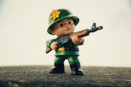 A small, adorable toy soldier stands ready for action, complete with a rifle and a floral decoration on its helmet.の素材