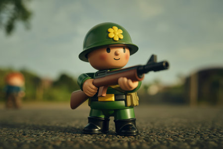 A cute, stylized toy soldier with a green helmet and uniform stands in a grassy, outdoor environment, holding a toy rifle.の素材