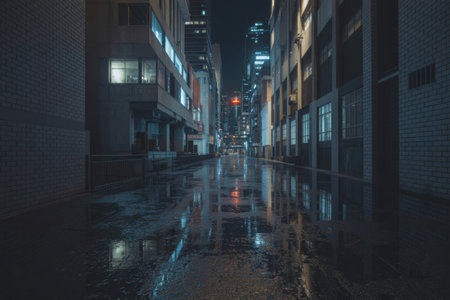 A dark, wet alleyway at night, illuminated by the reflections of vibrant neon signs and city lights on the wet pavement.の素材
