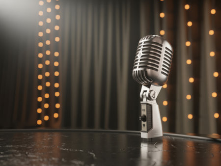 A classic silver vintage microphone stands center stage, bathed in soft light, with draped curtains and twinkling lights in the background, evoking a sense of nostalgia and anticipation for a performance.の素材