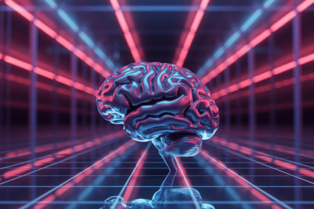 A stylized, glowing brain with intricate details, bathed in vibrant neon red and blue light beams radiating outwards, set against a grid-like digital environment.の素材