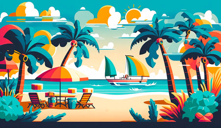 Tropical beach with palm trees, sunbeds, umbrellas and sailboats. Vector illustration.の素材