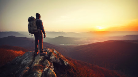 Hiker with backpack standing on the edge of a cliff and enjoying the view.の素材