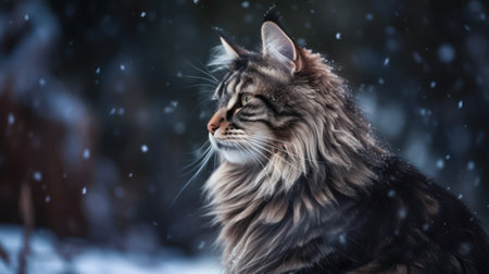 Maine coon cat in winter forest. Beautiful siberian cat portrait. Beautiful cat portrait.の素材
