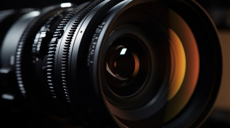 Close-up of professional camera lens, shallow depth of field.の素材