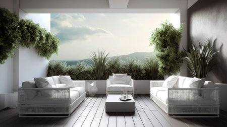 Modern bright interiors 3D rendering illustration with a view of the gardenの素材