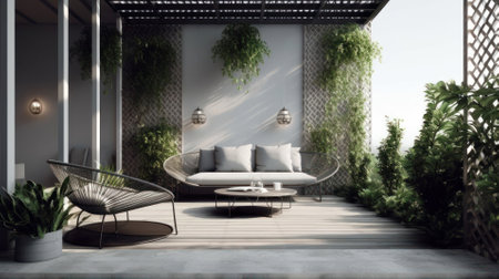 3d rendering of a modern living room with terrace and sofaの素材