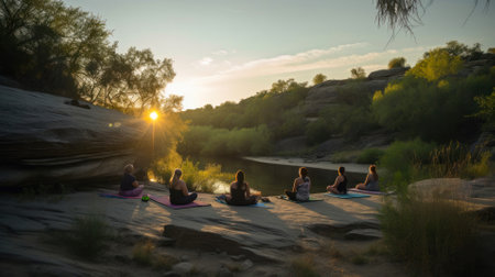 A group of people practicing yoga on the river bank at sunset. Yoga in nature.の素材