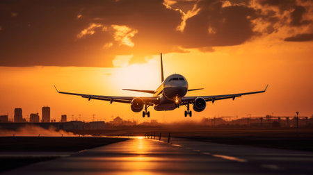 Airplane landing on runway at sunset. Passenger plane taking off from runway.の素材