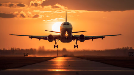 Airplane landing on runway at sunset. Passenger plane taking off from runway.の素材