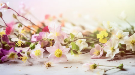 Beautiful spring flowers on a white wooden background. Soft focus.の素材