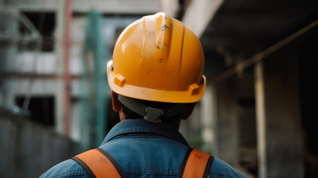 construction worker wearing safety helmet in construction site,selective focusの素材