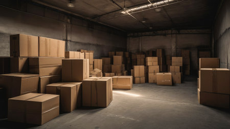 Cardboard boxes in warehouse. Distribution warehouse. 3d rendering.の素材