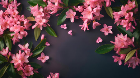 Pink rhododendron flowers on dark background with copy spaceの素材