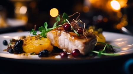 Grilled fish fillet with apples and cranberries on a white plateの素材