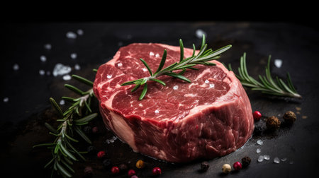 Raw fresh beef steak with rosemary and sea salt on black backgroundの素材