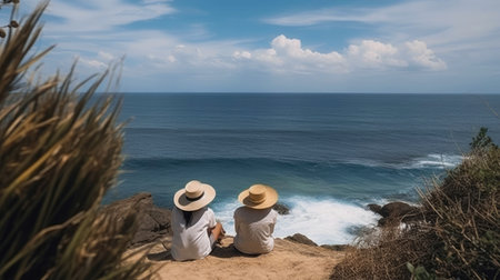 Couple sitting on the beach and looking at the sea. Back viewの素材